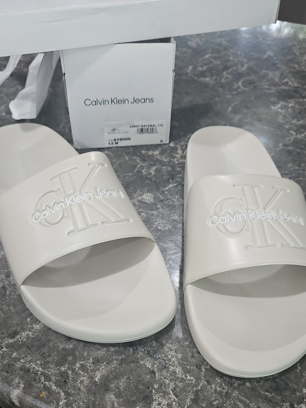 Calvin Klein Men Size 13 Slides Cream Embossed CK Logo Slide Sandals